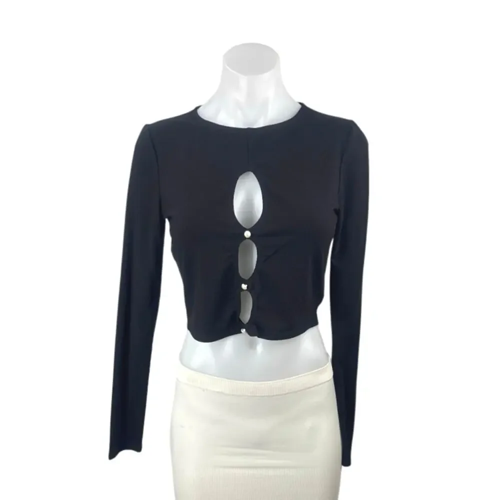 Reformation Vernon Women's Black Cutout Pearl Beaded Long Sleeve Crop Top Size M
